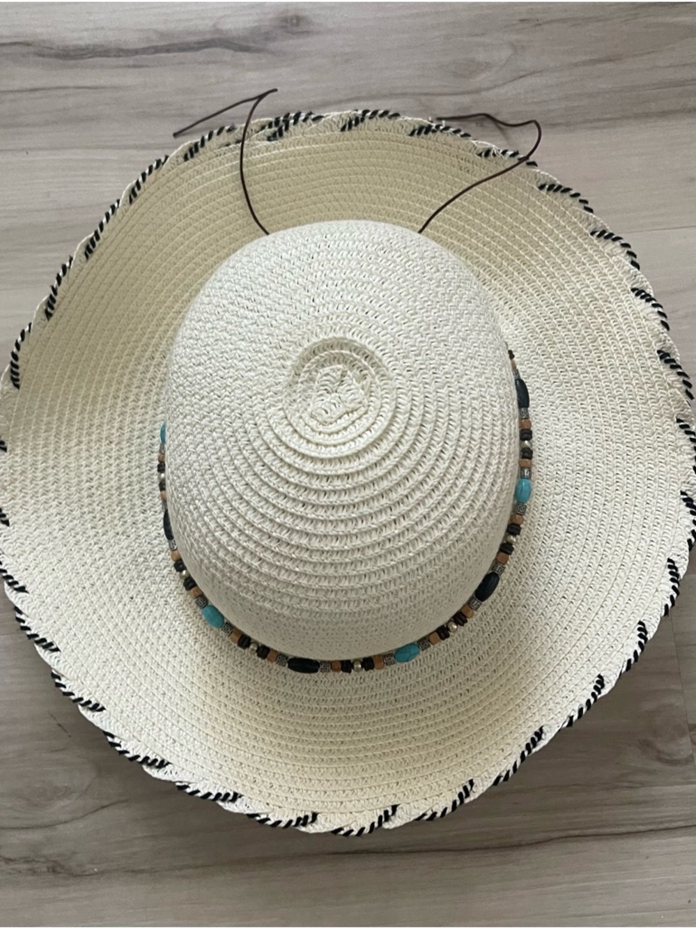 Wide Brim Straw Sun Hat with Beaded Trim - Cream & Black